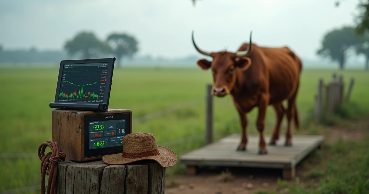 Balança digital com boi ao fundo e cotações no tablet