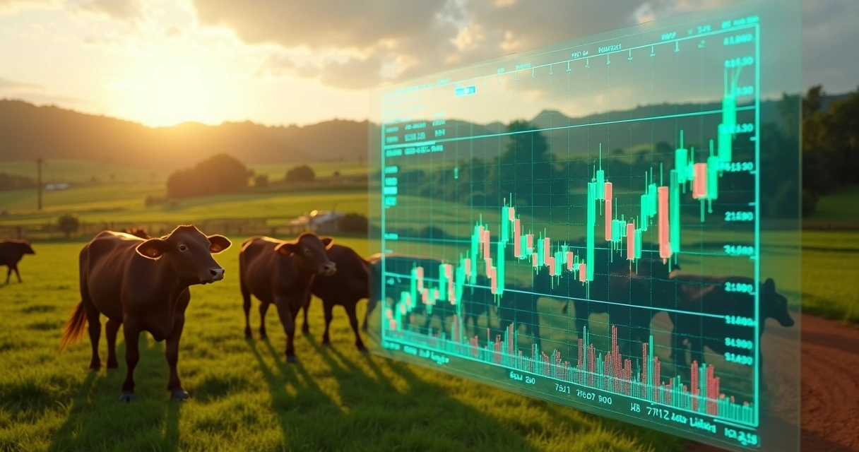 Painel com gráfico de preços do boi gordo sobre cenário de fazenda no Pará