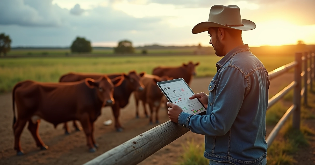 Produtor analisando cotação do boi gordo em tablet ao lado de curral
