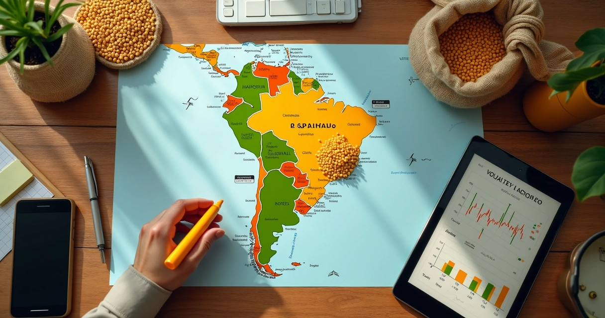 Mapa do Brasil com grãos de soja e gráficos de preço por região