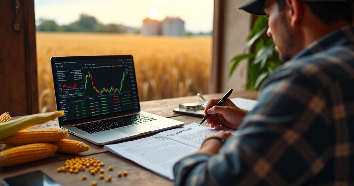 Produtor rural analisando preço do milho em notebook sobre mesa com espigas