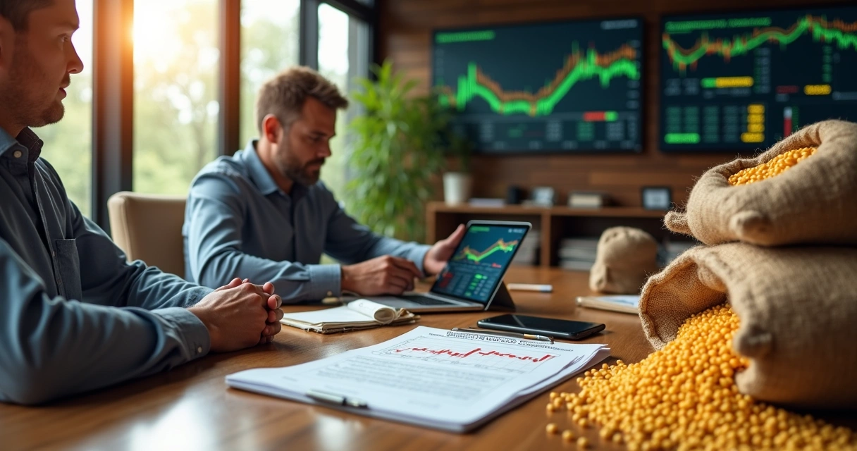Corretor e produtor rural negociando contrato de soja em escritório moderno