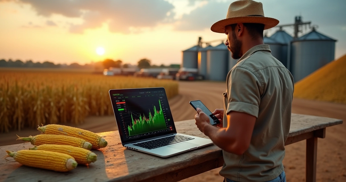Produtor rural analisando espiga de milho diante de silo e gráficos de preço