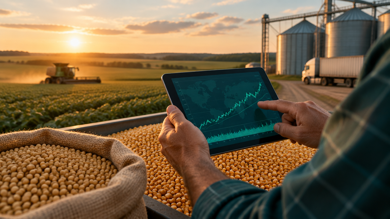 Produtor rural analisa gráfico cambial em tablet diante de lavoura de soja e milho